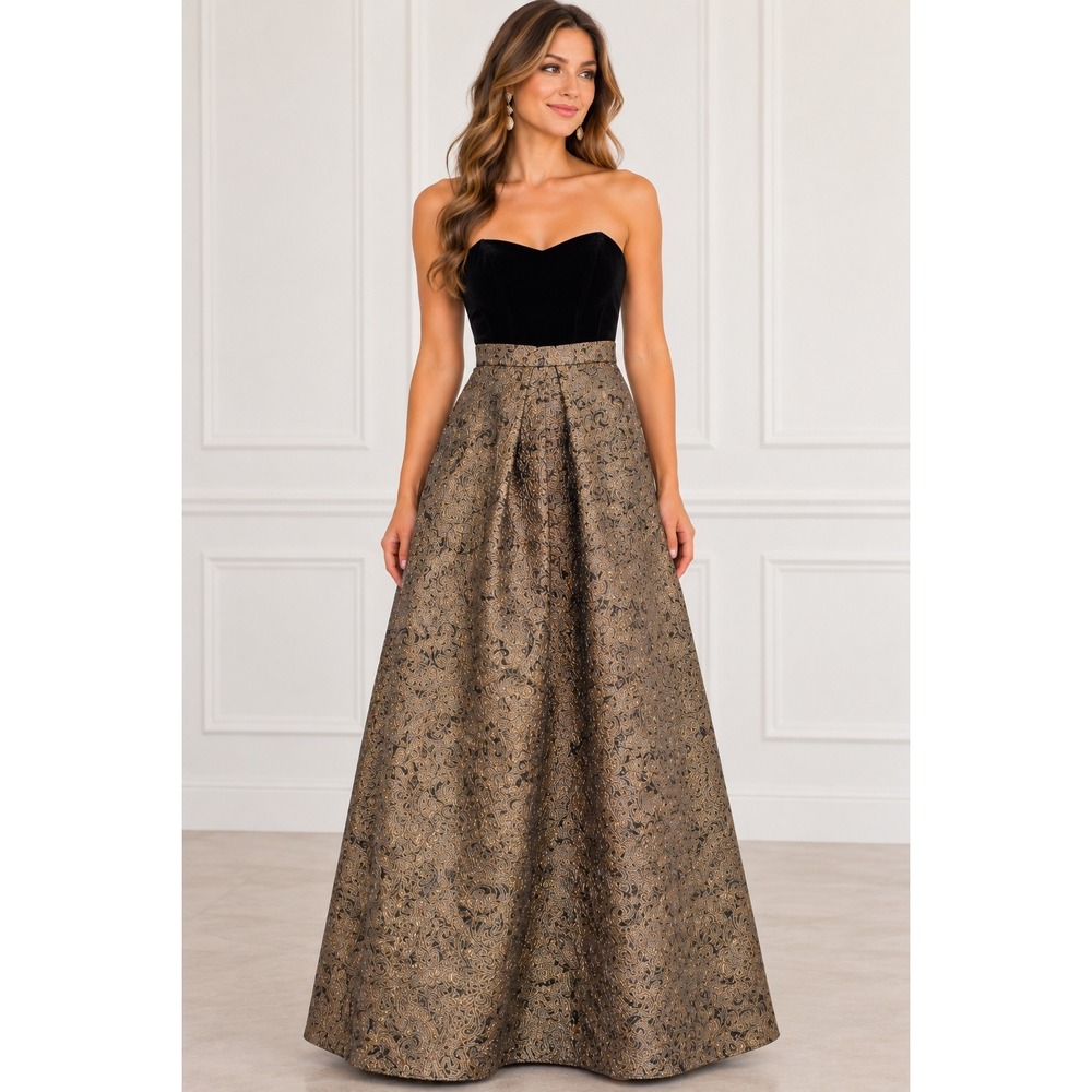 Aidan Mattox Gown Women 12 Black Gold Velvet Brocade Strapless Gala Luxe Dress